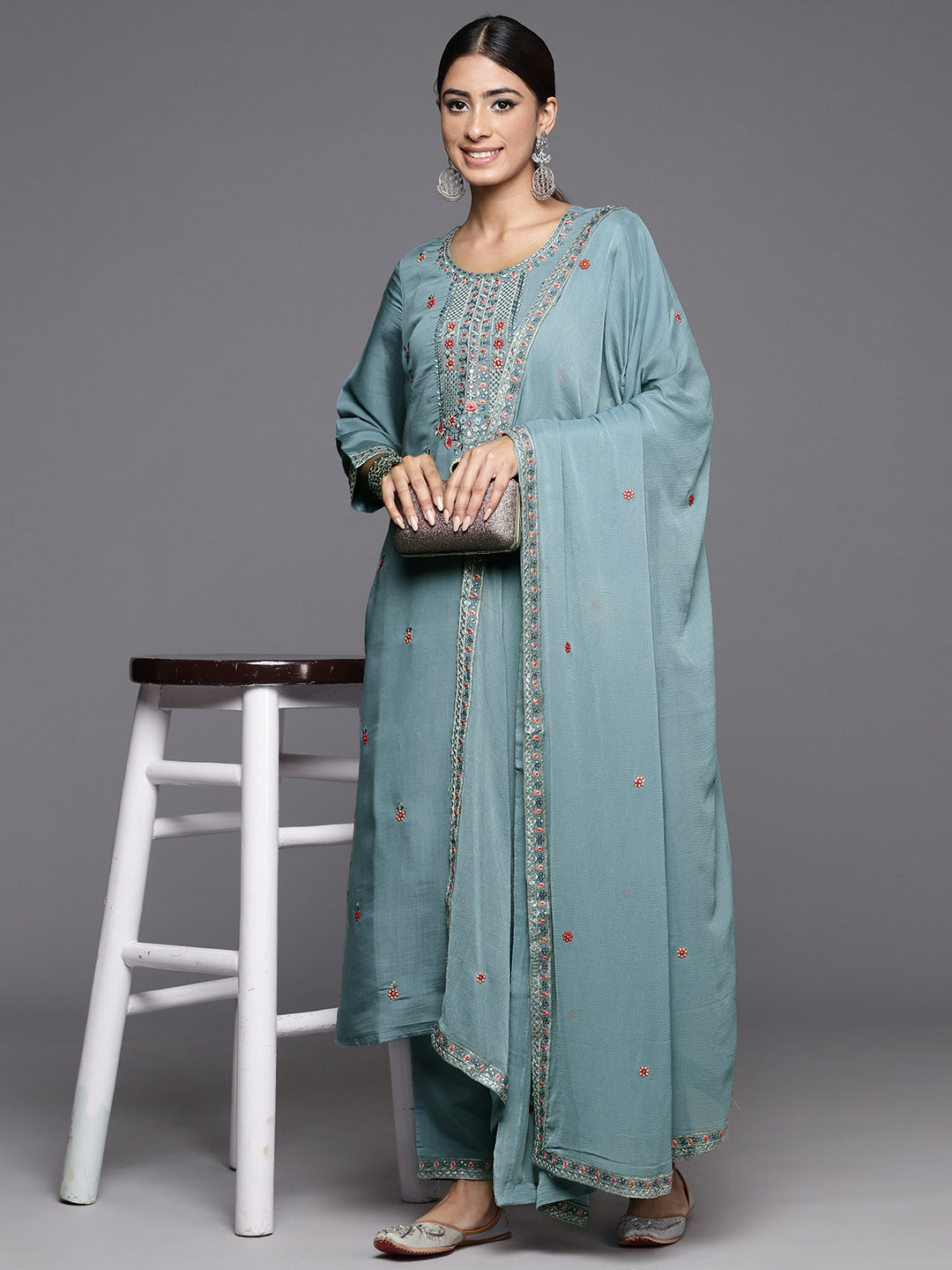 Varanga Women Blue Embroidered Straight Kurta Paired With Tonal Bottom And Embroidered Dupatta - Distacart