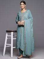Thumbnail for Varanga Women Blue Embroidered Straight Kurta Paired With Tonal Bottom And Embroidered Dupatta - Distacart