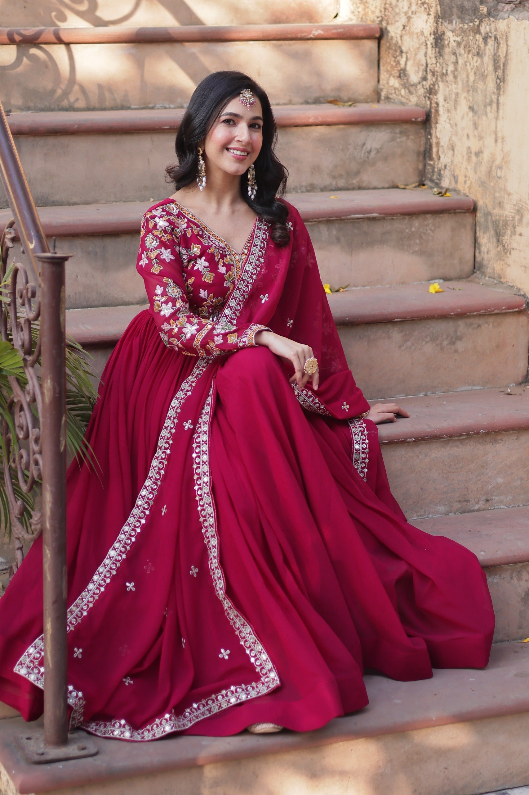 Anaita Red Georgette Readymade Anarkali Suit with Zari & Sequence Work - Dista