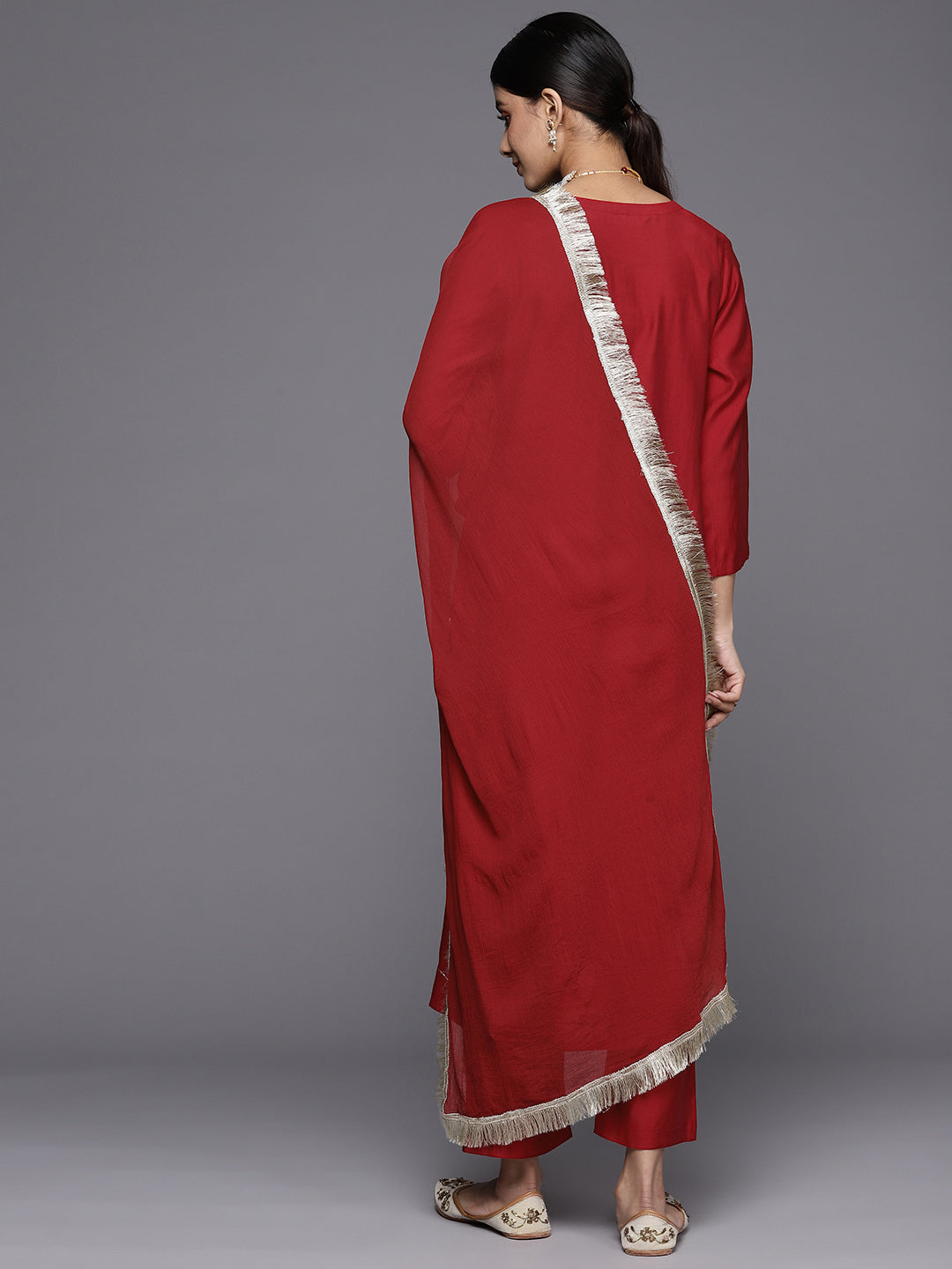 Varanga Women Red Three Quarter Sleeve Straight Kurta Set With Dupatta - Distacart