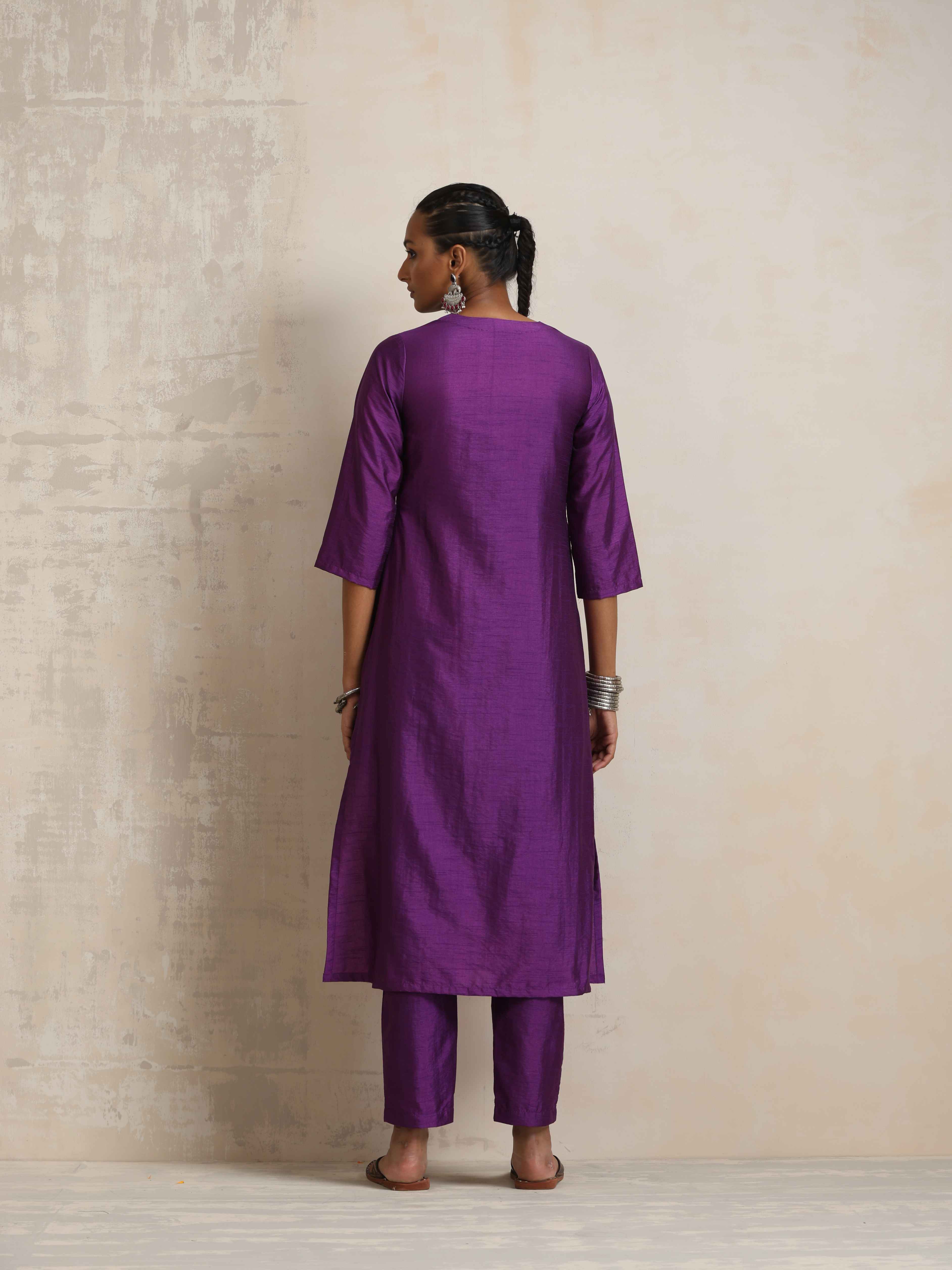 trueBrowns Purple Silk High Slit Kurta Set - Distacart