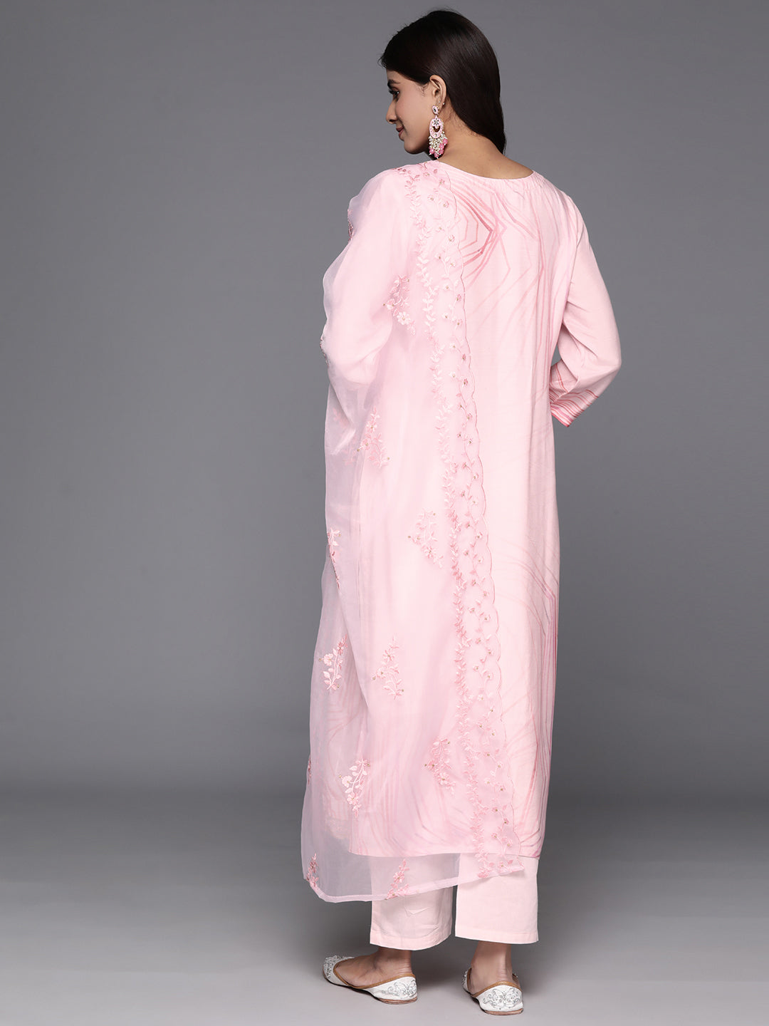 Varanga Women Pink Abstract Straight Kurta Paired With Tonal Bottom And Organza Embroidered Dupatta - Distacart