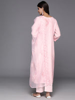 Thumbnail for Varanga Women Pink Abstract Straight Kurta Paired With Tonal Bottom And Organza Embroidered Dupatta - Distacart