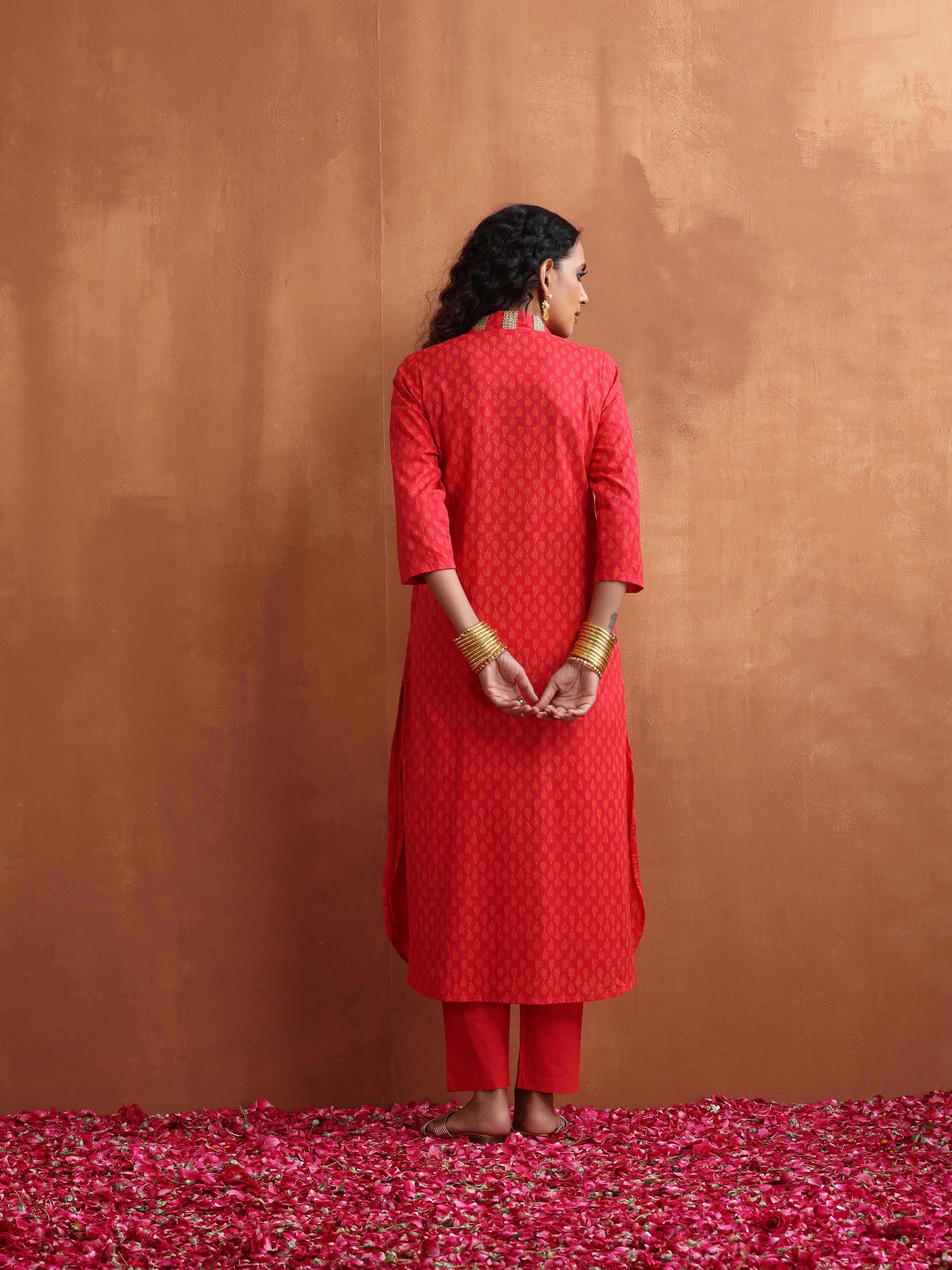 trueBrowns Red Print A-line Kurta Set - Distacart
