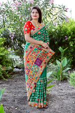 Thumbnail for Lorenvalley Fashion Premium Green Dola Silk Embroidery and Diamond work with Jacquard Lace Border Saree - Distacart