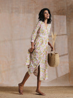 Thumbnail for trueBrowns Pink Yellow Floral On White Block Print Cotton Wrap Dress | Relove