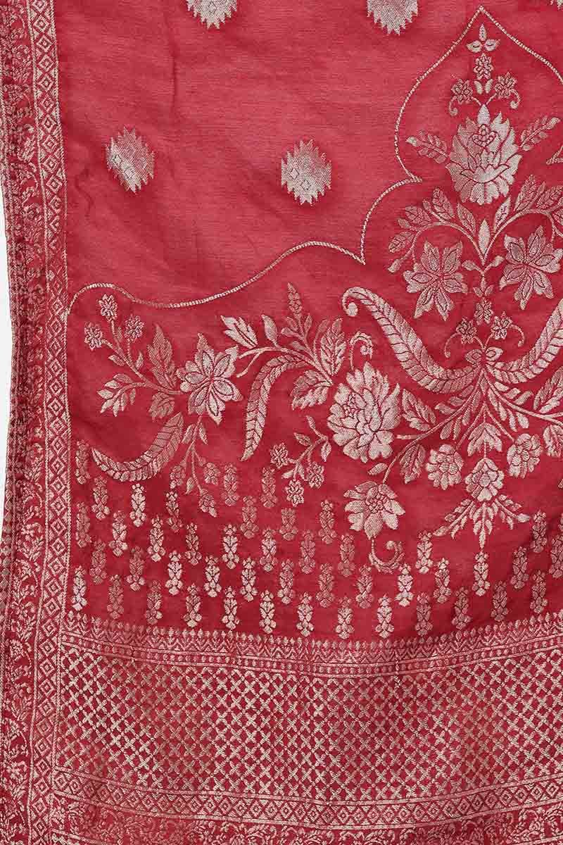 Ahika Peach Poly Silk A-Line Kurta Pant With Dupatta