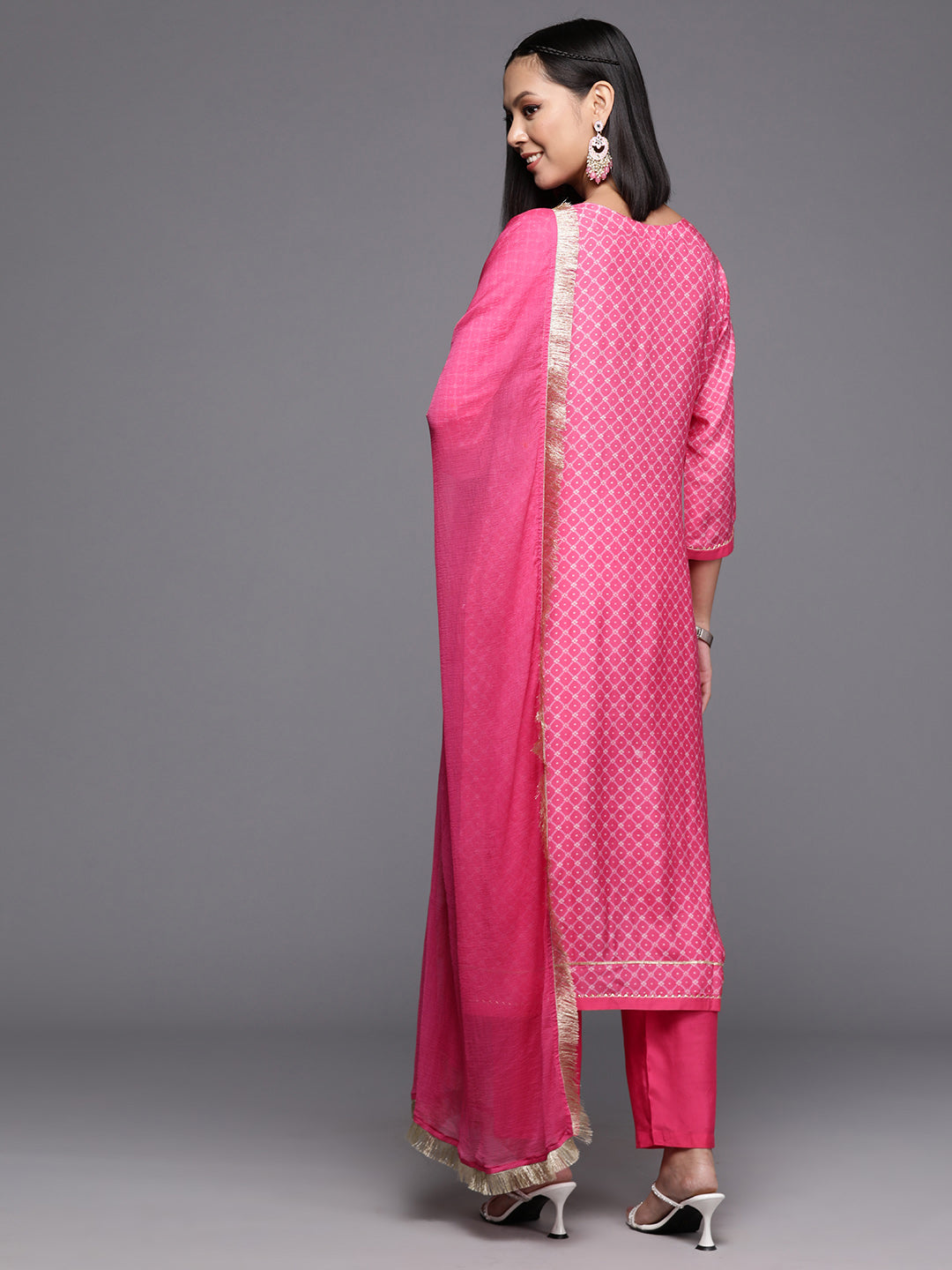 Varanga Women Women Pink Bandhani Printed Straight Kurta Paired With Tonal Bottom And Dupatta - Distacart