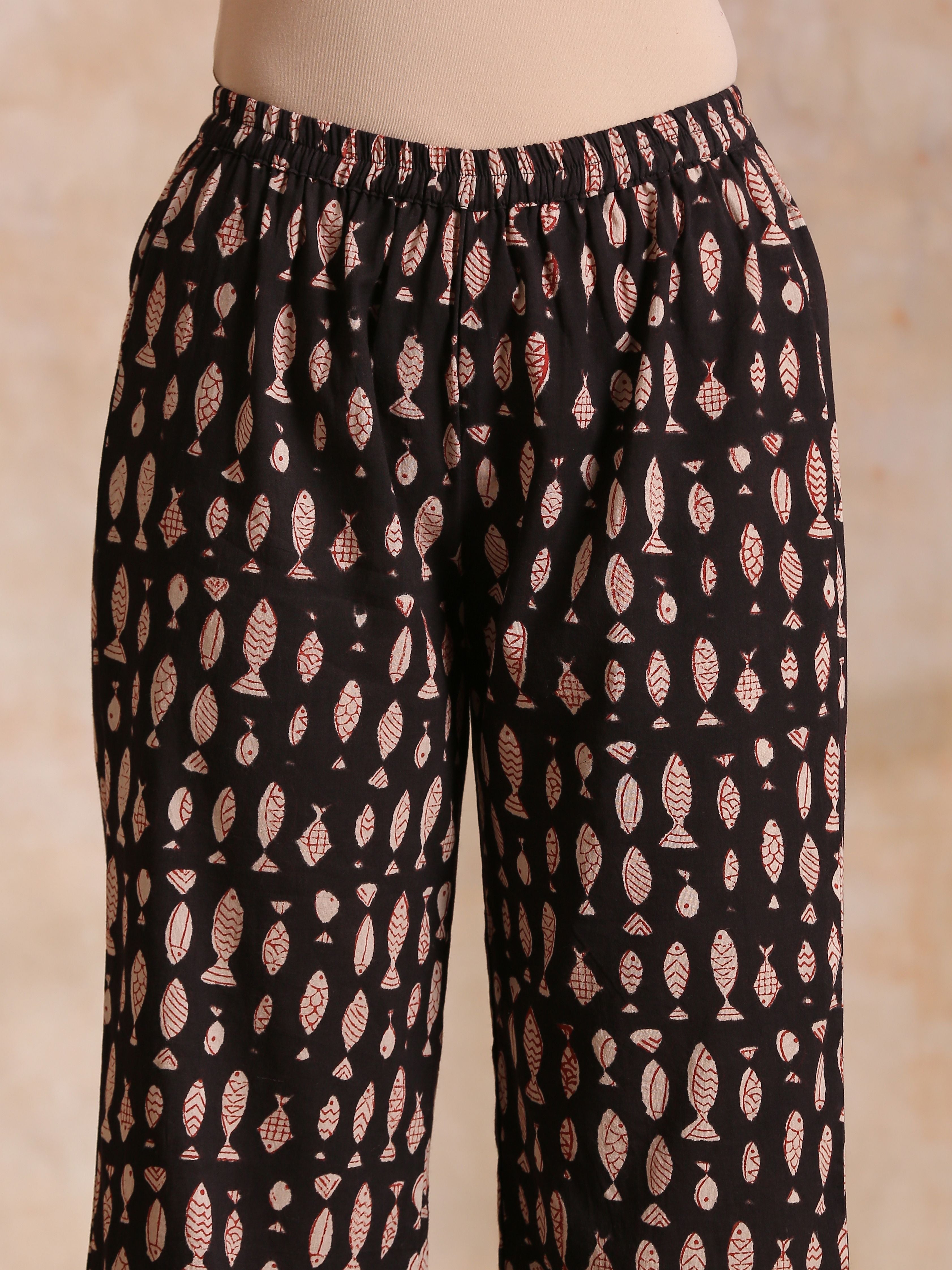 trueBrowns Black Fish Bagru Print Cotton Angrakha Pant Set - Distacart