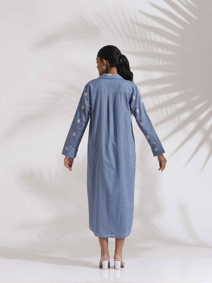 trueBrowns Blue Cotton Floral Embroidered Dress - Distacart