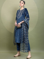 Thumbnail for Vishudh Women Teal Embroidered Knited Velvet Kurta with Trousers & Dupatta