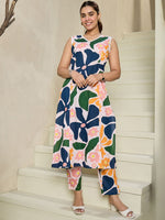 Thumbnail for Indo Era Floral Printed V-Neck Sleeveless Pure Cotton A-Line Kurta With Trousers