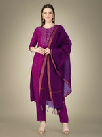 Thumbnail for Jyoti Fashion Women's Purple Cotton Magic Slub Embroidery & Sequence work Kurta with Trouser & Dupatta - Distacart