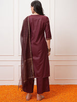 Thumbnail for Vishudh Burgundy Ethnic Motifs Yoke Design Thread Work Kurta with Palazzo & Dupatta