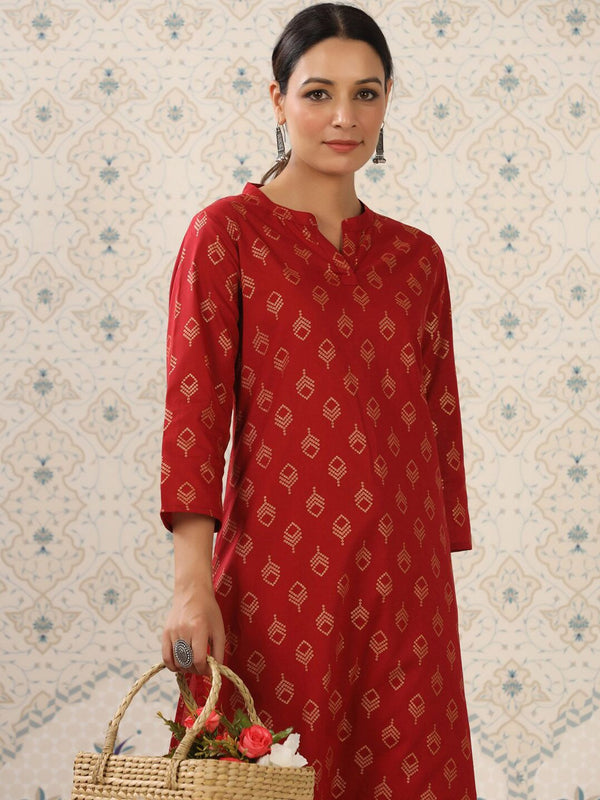 Ode by House of Pataudi Maroon & Beige Printed Pure Cotton Kurta With Palazzos - Distacart