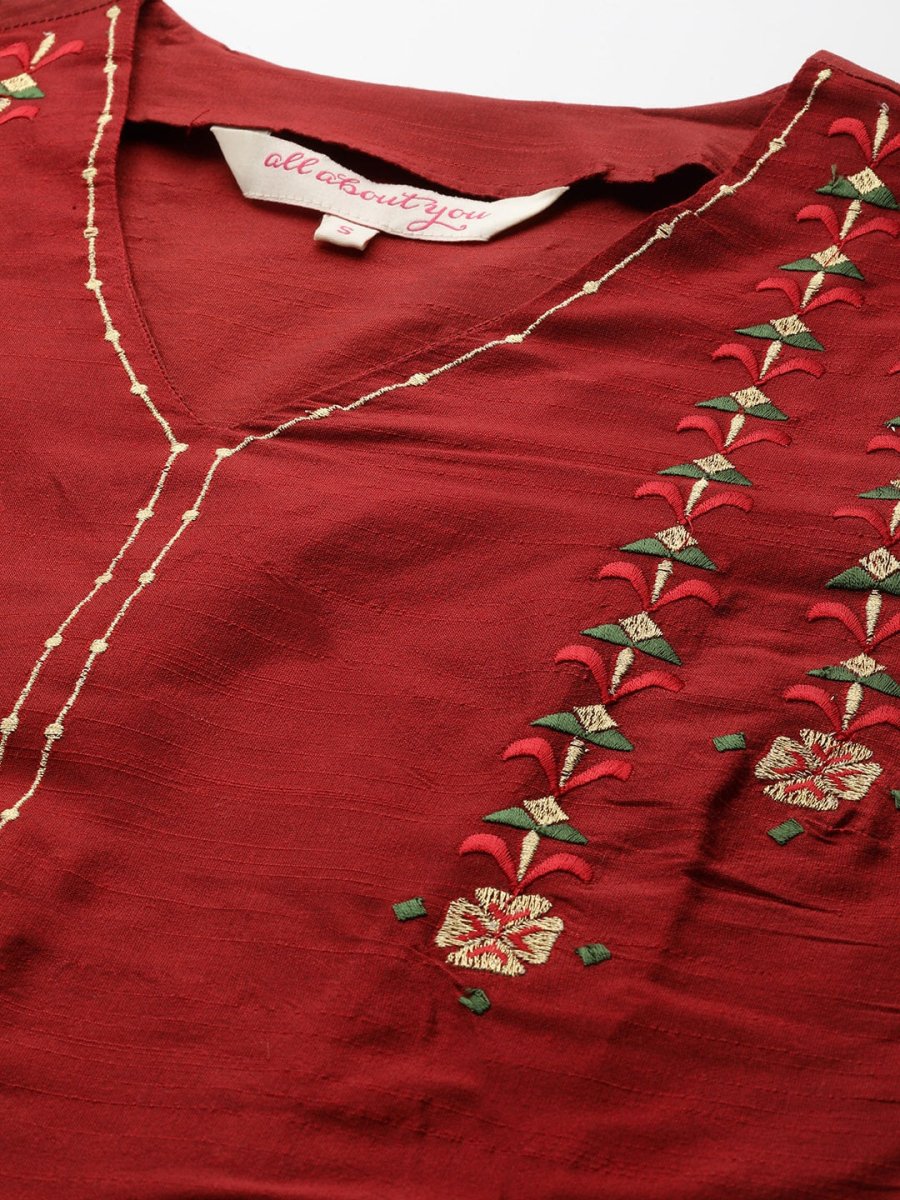 All About You Women Maroon & Golden Embroidered Regular Kurta with Trousers & Dupatta - Distacart