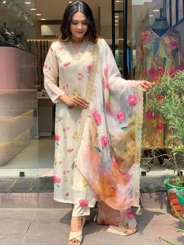 Kalini Floral Printed Sequinned Straight Kurta With Trouser & Dupatta - Distacart