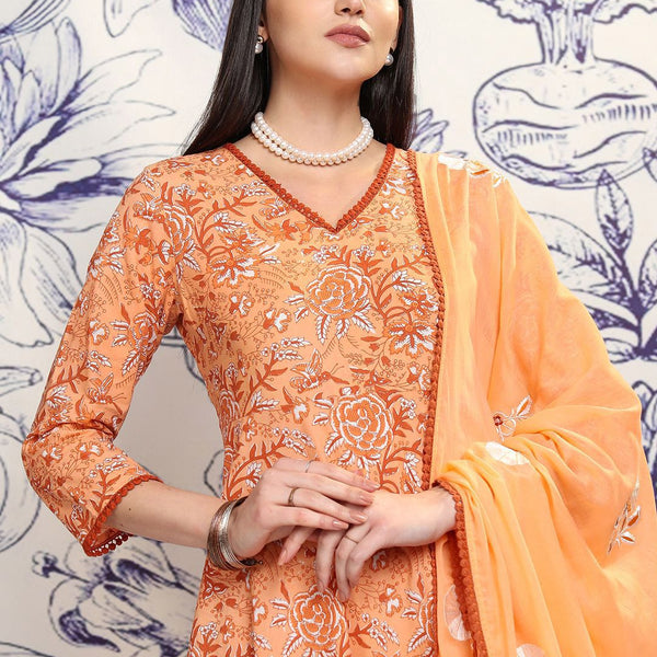 Vishudh Peach Floral Printed Regular Pure Cotton Kurta with Trousers & Dupatta - Distacart