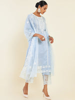 Thumbnail for Soch Blue & White Floral Embroidered Chanderi Silk Kurta With Trousers & Dupatta - Distacart