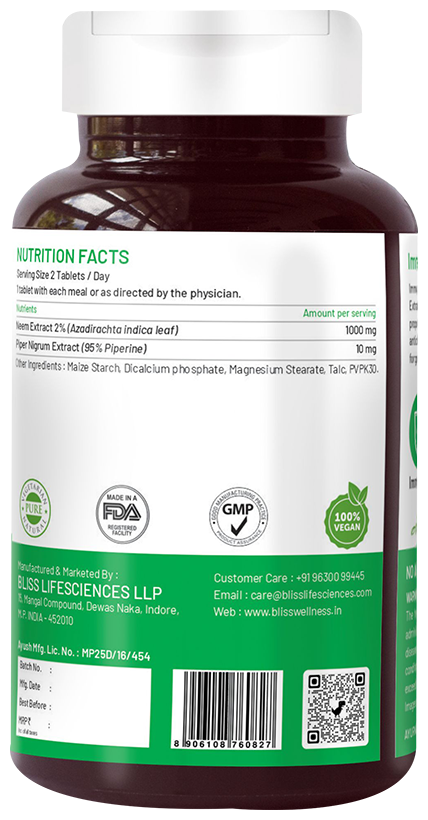 bliss welness immune health neem biopiperine veg tablet