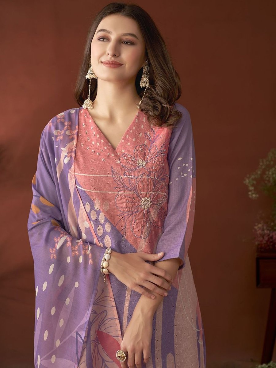Anouk Lavender Floral Embroidered Beads & Stones Linen Kurta with Trousers & Dupatta - Distacart