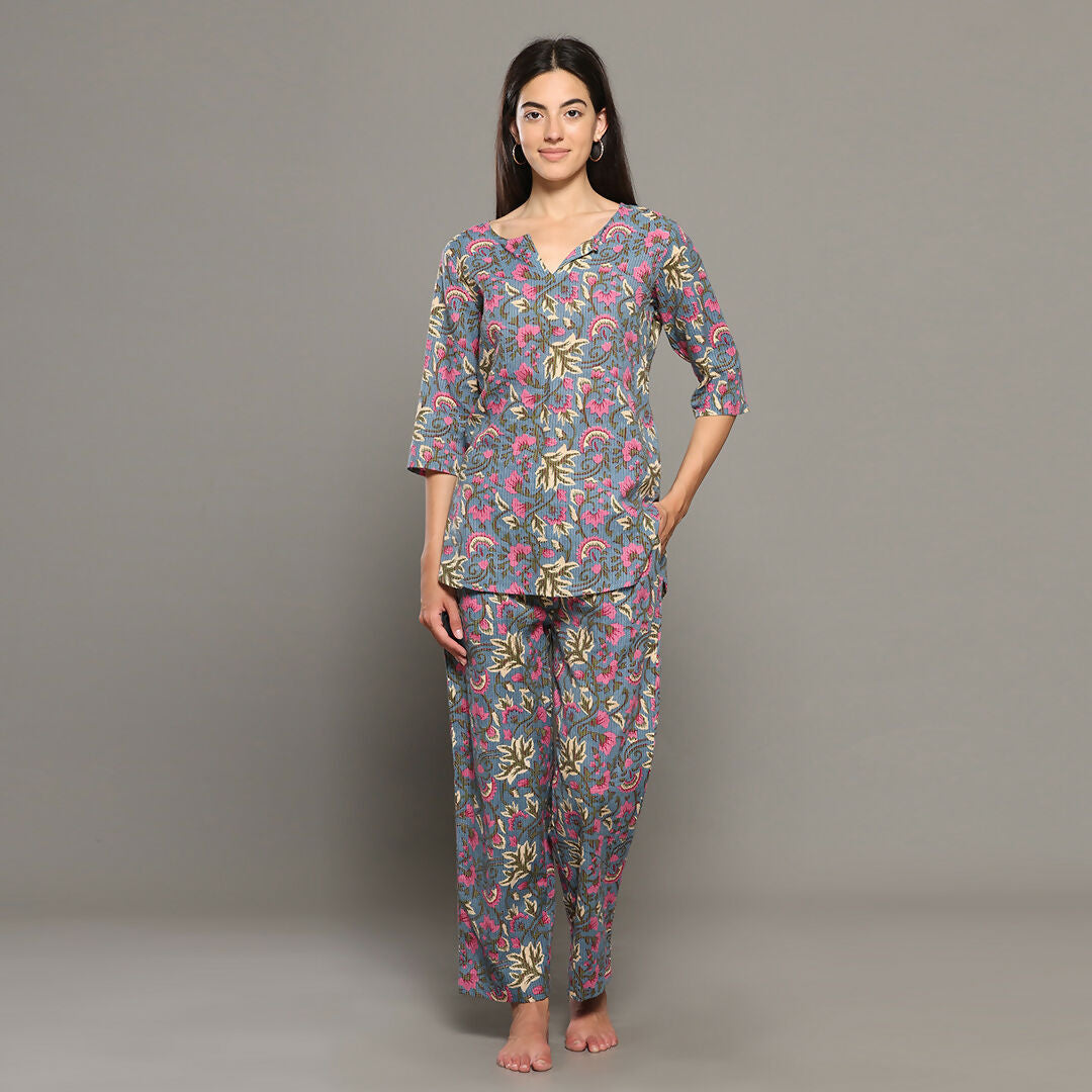 Breathables Women Cotton Printed Loungewear Kurta And Pants Co-Ord Set Grey I Night Wear | Floral Print - Dista