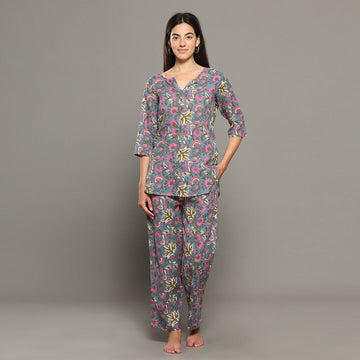 Breathables Women Cotton Printed Loungewear Kurta And Pants Co-Ord Set Grey I Night Wear | Floral Print - Dista