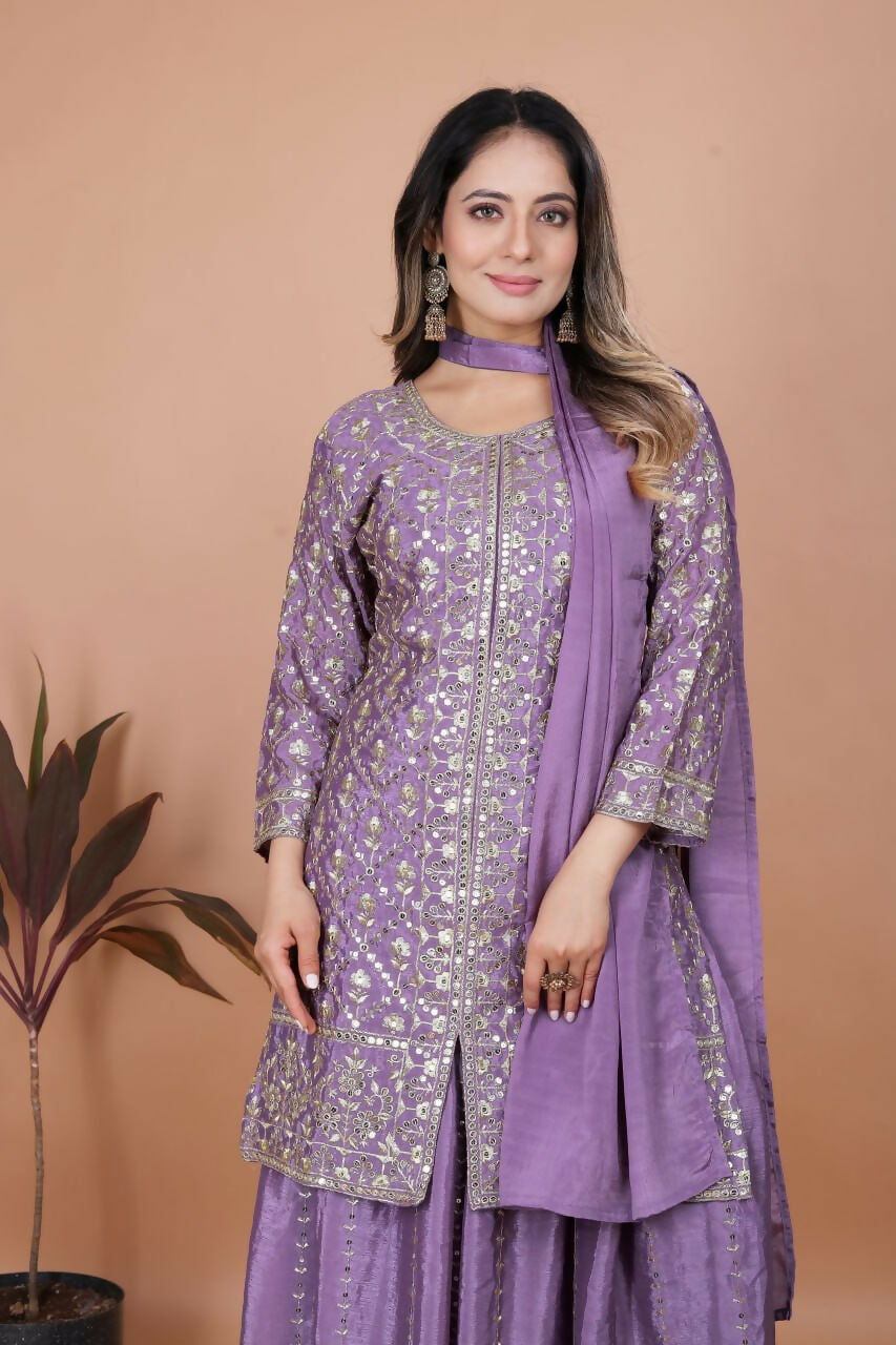 Joban Fashion Purple Silk Embroidered Sharara Set - Distacart