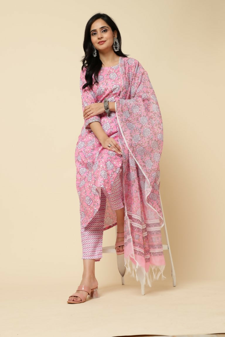 Designer Stylish Pink Cotton Blend Stitched Suit With Dupatta - Tanisha - Distacart