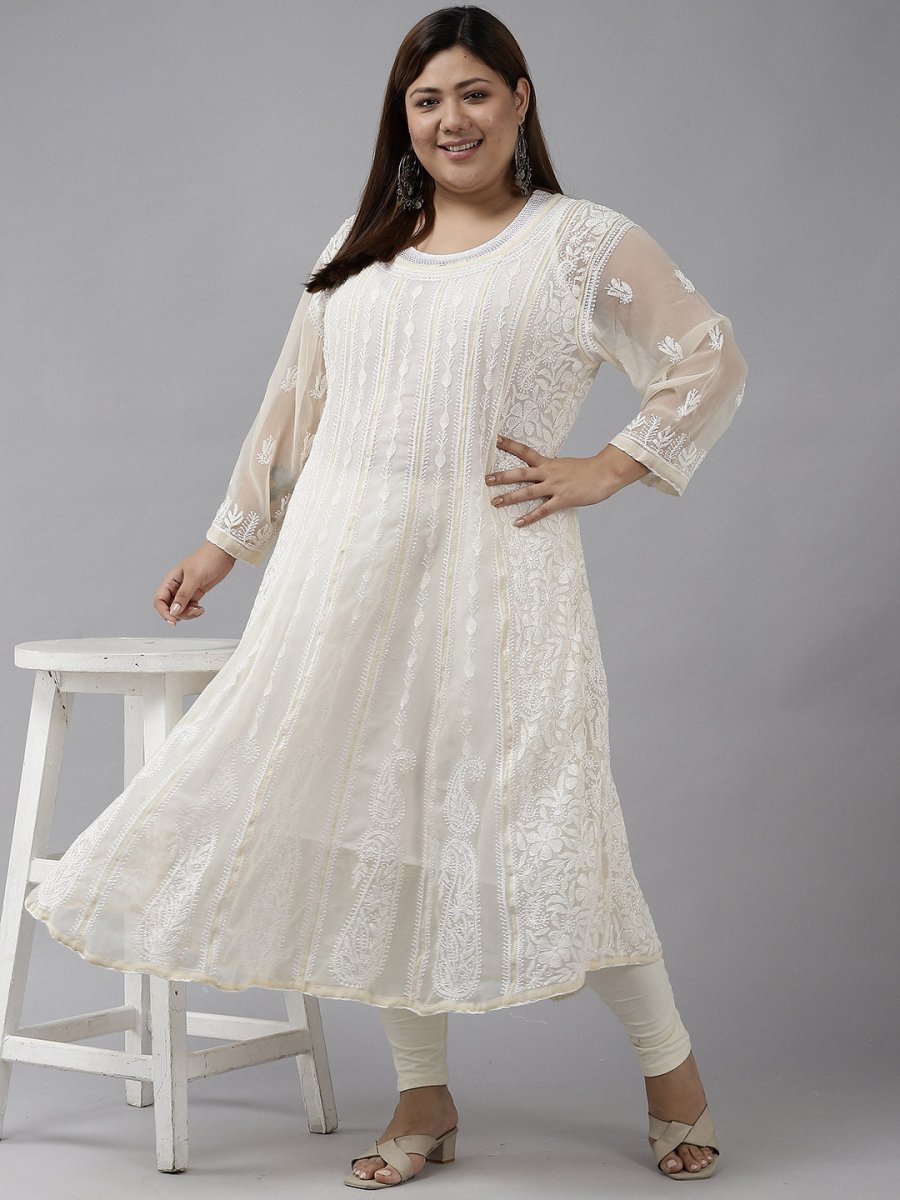 ADA Women Beige Ethnic Motifs Plus Size Chikankari Georgette Anarkali Kurta - Distacart