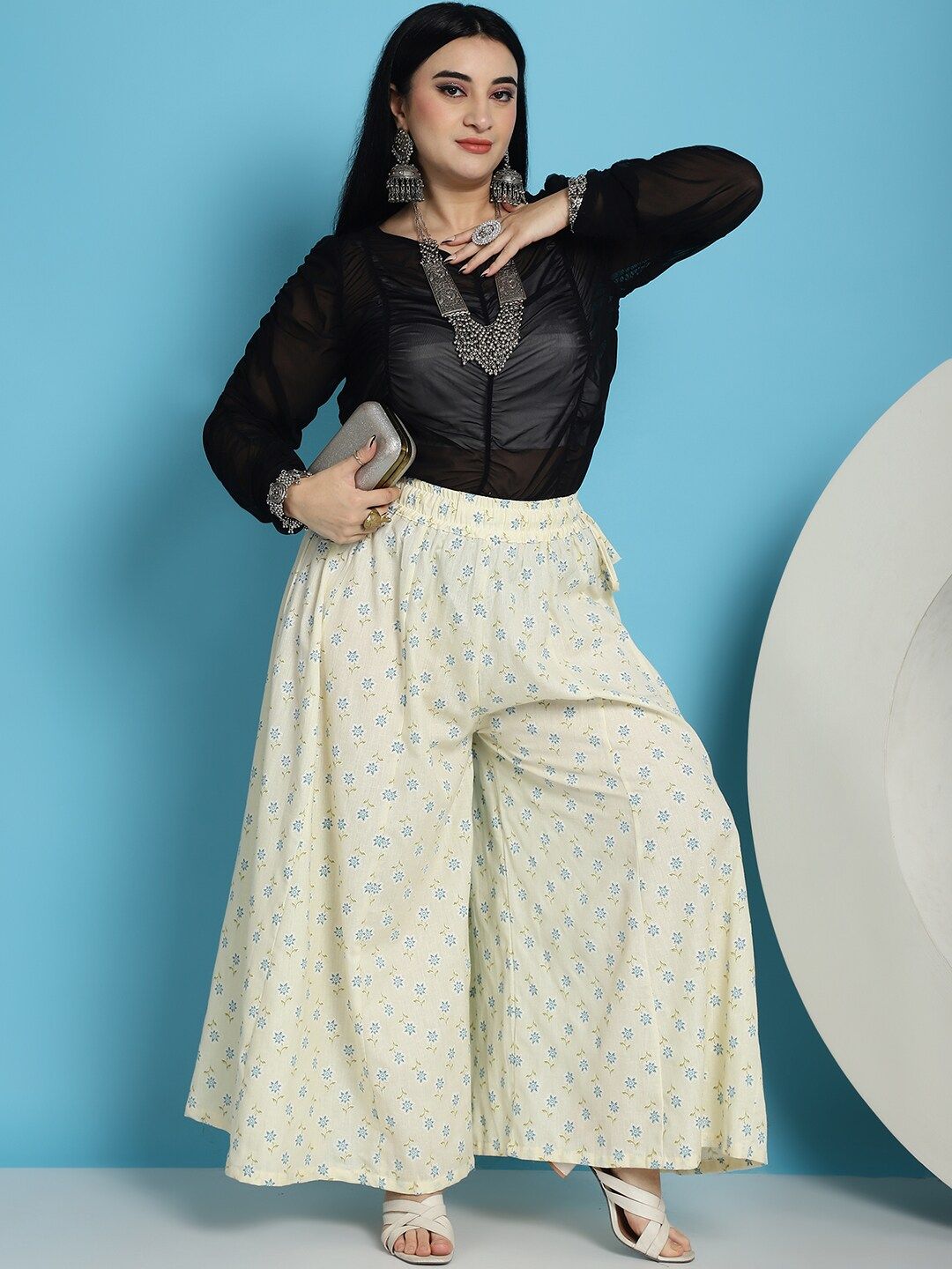 TAG 7 Ethnic Motifs Printed Pure Cotton Flared Ethnic Palazzo