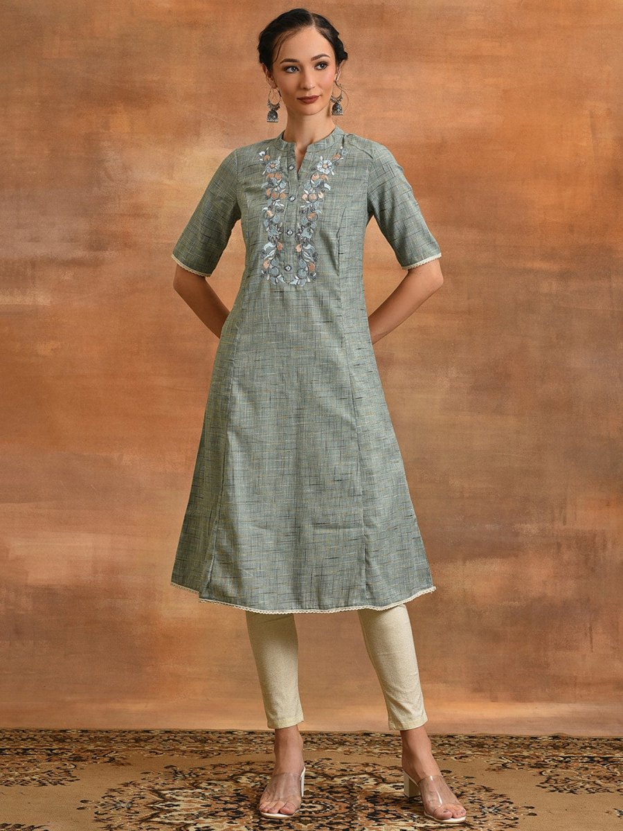 Aks Floral Embroidered Thread Work Cotton A-Line Kurta - Distacart