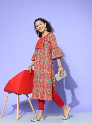 All About You Women Orange & Green Floral Printed Bell Sleeves Gotta Patti Kurta - Distacart