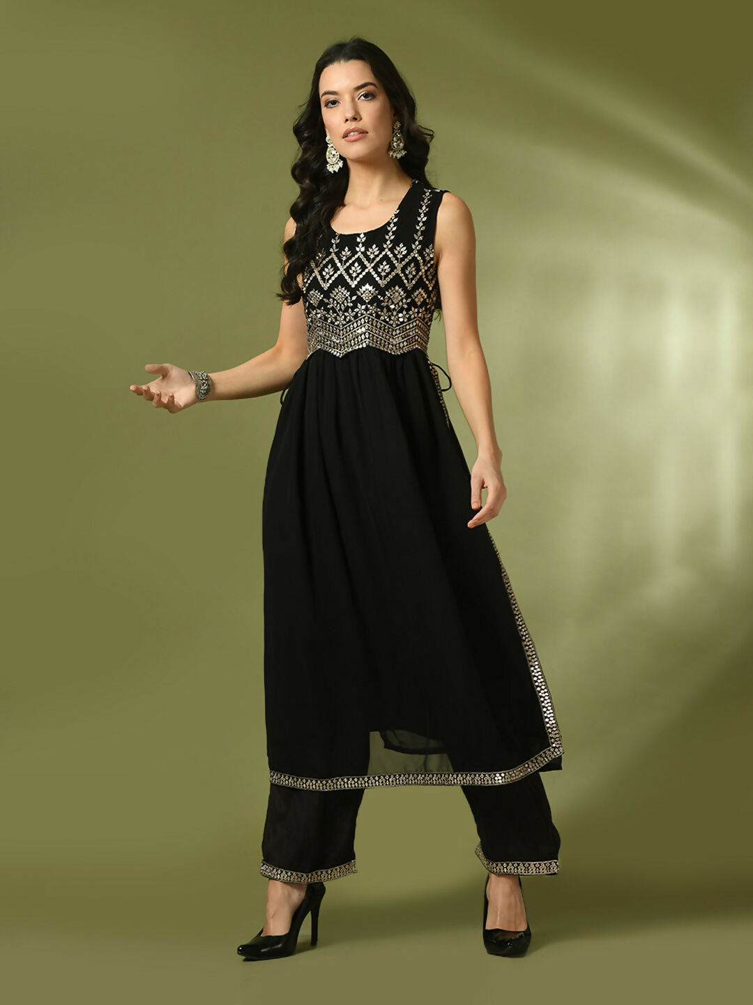 Myshka Women's Black Embroidered Georgette Anarkali Party Kurta Set - Distacart