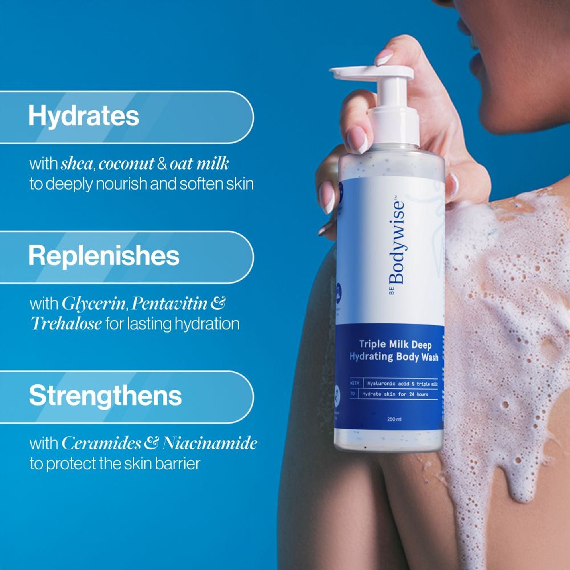 BeBodywise Triple Milk Deep Hydrating Body Wash - For Dry & Dehydrated Skin - Dista