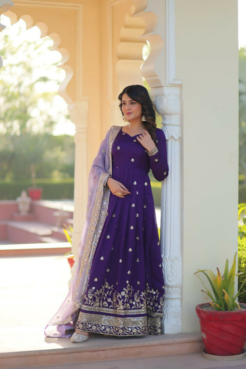 Preksha Creation Premium Designer Readymade Star Georgette With Embroidery Zari Sequins-Work Gown With Dupatta