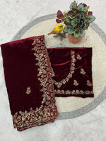 Thumbnail for Joban Fashion Maroon 9000 Velvet Party Wear Sarees - Distacart