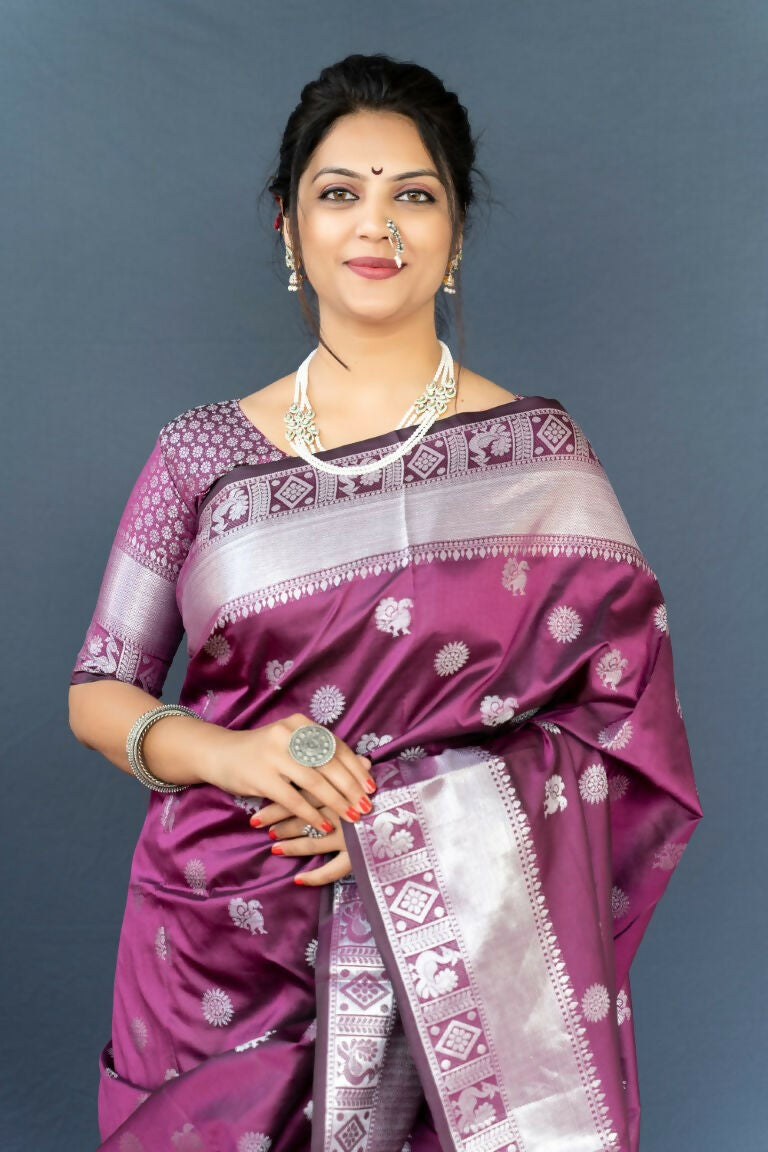Jyoti Fashion Women's Wine Soft Banarasi Silk Zari Woven Saree with Blouse - Distacart