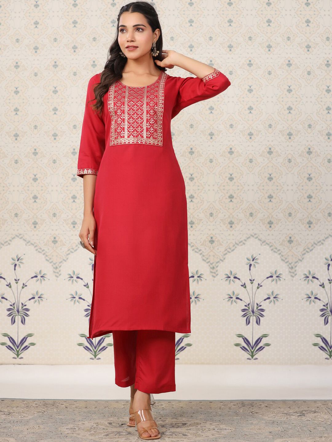 Ode by House of Pataudi Ethnic Motifs Yoke Design Sequinned Kurta with Trousers - Distacart