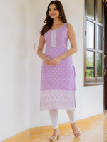 Thumbnail for Anouk Lavender Floral Embroidered Round Neck Sleeveless Thread Work Cotton Straight Kurta