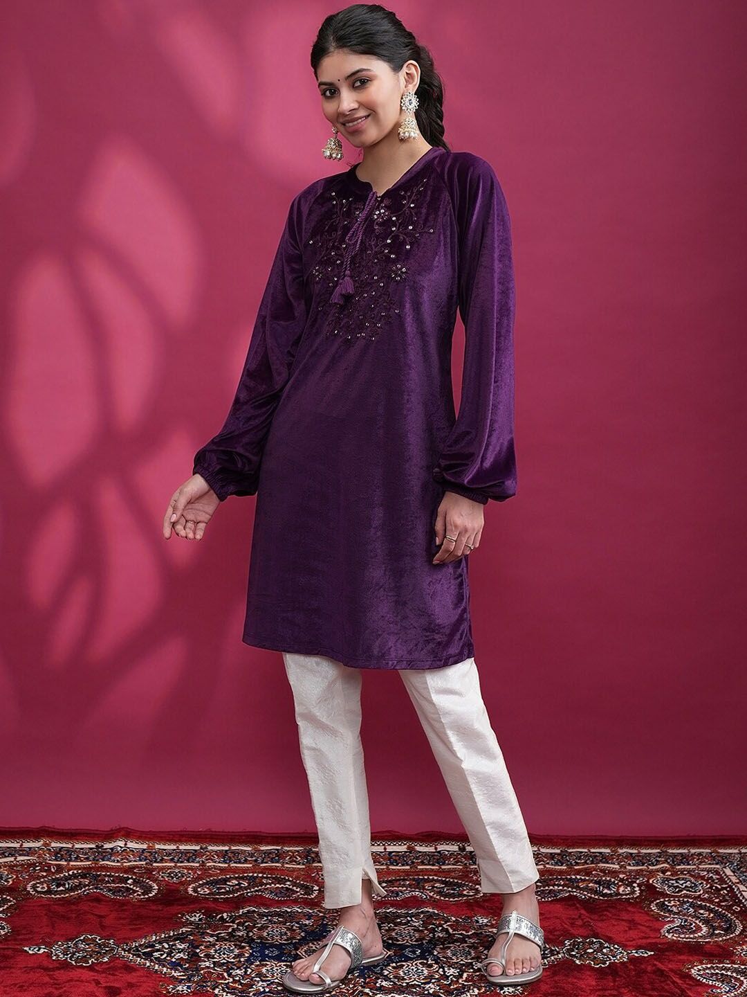 Vishudh Purple Floral Embroidered Sequined Straight Kurta