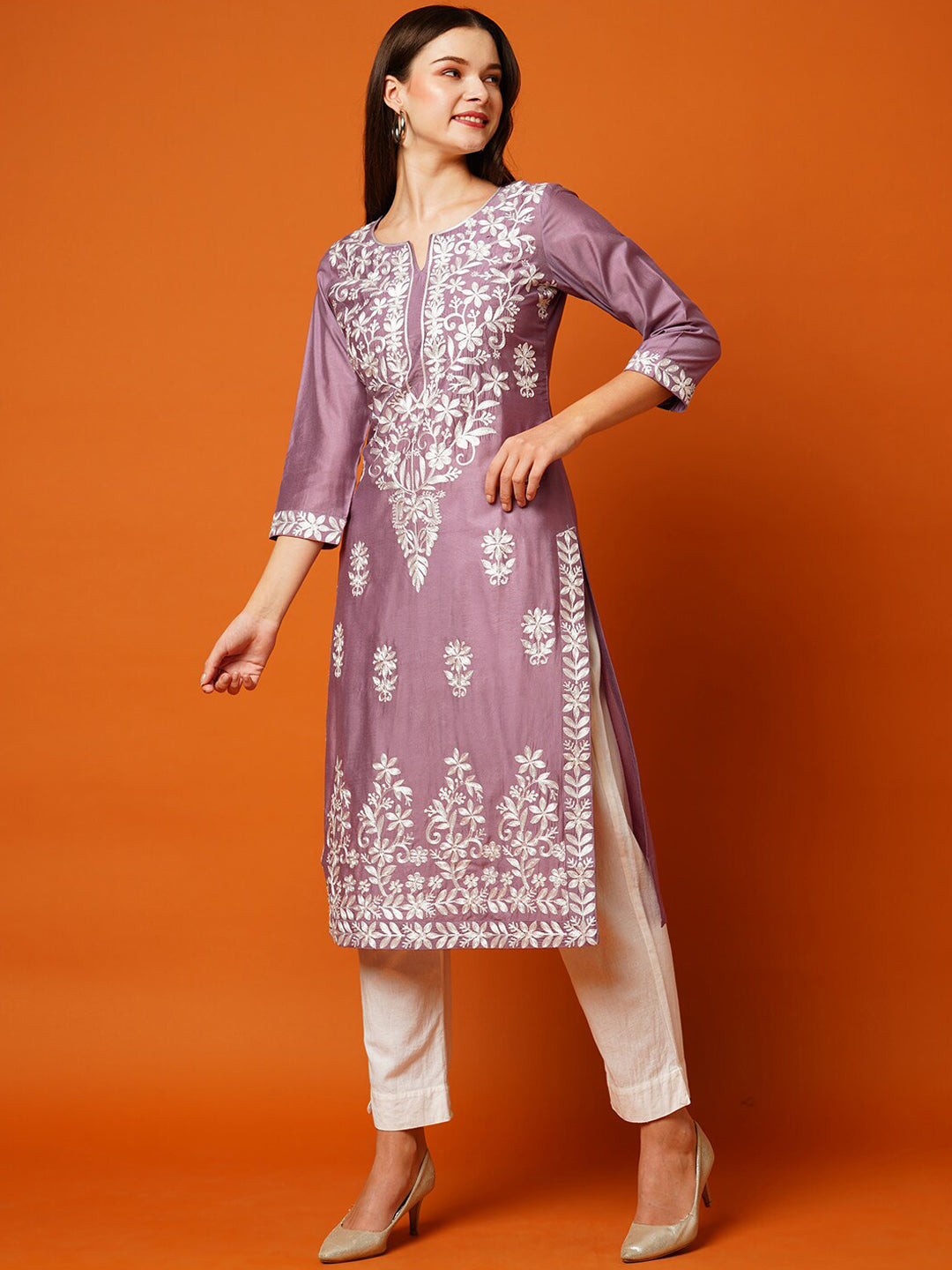 Kalini Floral Embroidered Cotton Straight Kurta - Distacart