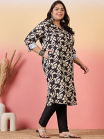Thumbnail for Sztori Plus Size Floral Printed Shirt Collar Roll-Up Sleeves Crepe Pathani Kurta