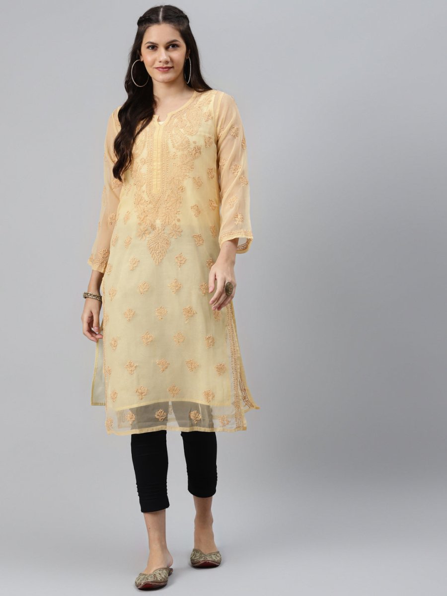 ADA Women Beige & Black Ethnic Motifs Embroidered Chikankari Handloom Kurta with Trousers & Inner - Distacart