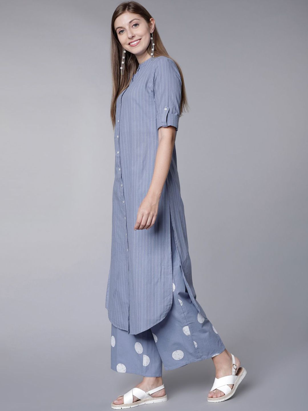 Vishudh Blue & White Striped High Slit Pure Cotton Straight Kurta with Palazzos - Distacart