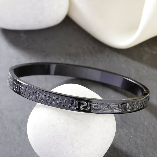 NVR Men's Black Rhodium-Plated Stainless Steel Kada Bracelet - Distacart