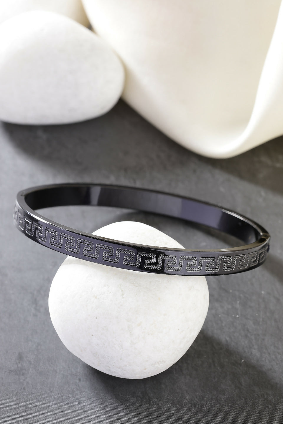 NVR Men's Black Rhodium-Plated Stainless Steel Kada Bracelet - Distacart