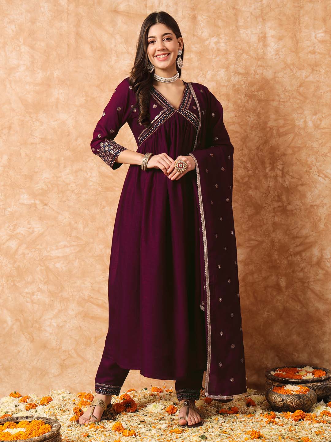 Kalini Floral Embroidered A-Line Kurta With Trousers & Dupatta - Distacart
