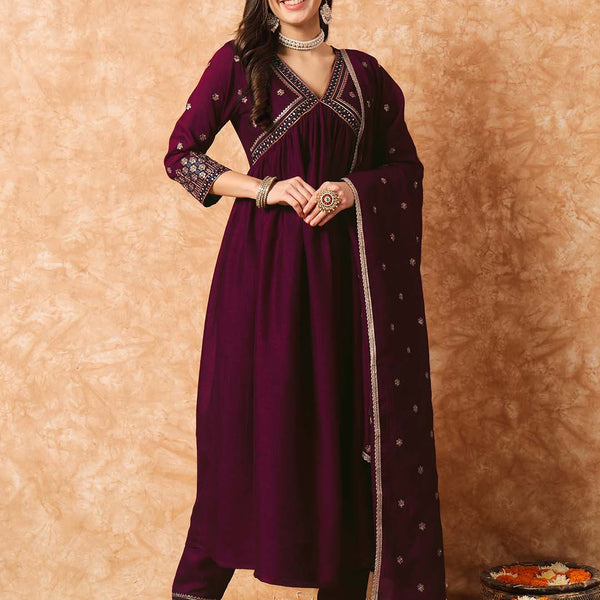 Kalini Floral Embroidered A-Line Kurta With Trousers & Dupatta - Distacart