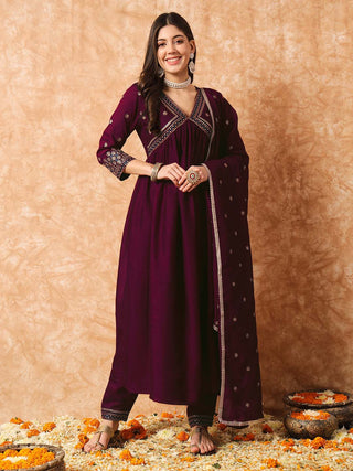 Kalini Floral Embroidered A-Line Kurta With Trousers & Dupatta - Distacart